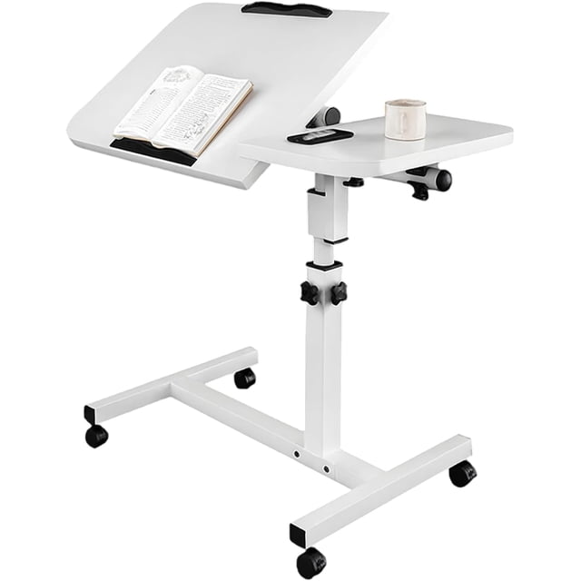 mesa para laptop bluelander con altura ajustable y ruedas con bloqueo, blanco Mesa plegable de dos superficies: tablero principal inclinable 40×40 cm y mesa lateral 40×20 cm; estructura de acero al carbón blanca, altura ajustable 60–95 cm con perillas de bloqueo, tablero MDF texturizado 15 mm, base en T con 4 ruedas giratorias con freno; vista 3/4 con libro y taza, adecuada como bandeja de cama o escritorio auxiliar.