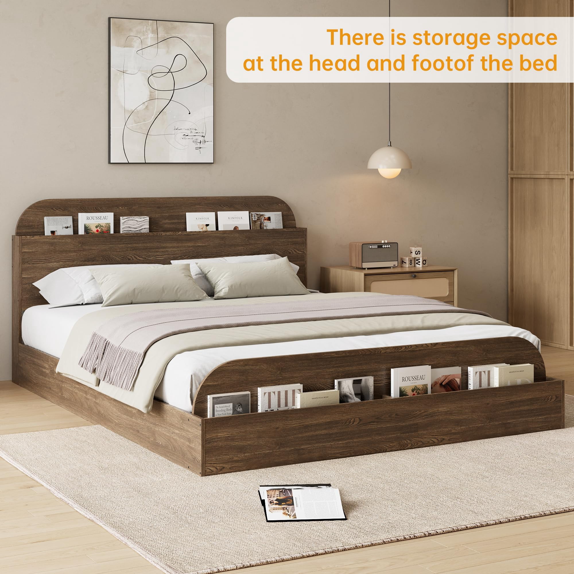 Cama de plataforma de madera con cabecero de almacenamiento y piecero elevado - Estructura robusta con lamas - Sin necesidad de somier - Ideal para dormitorio - Nogal, Tamaño FULL