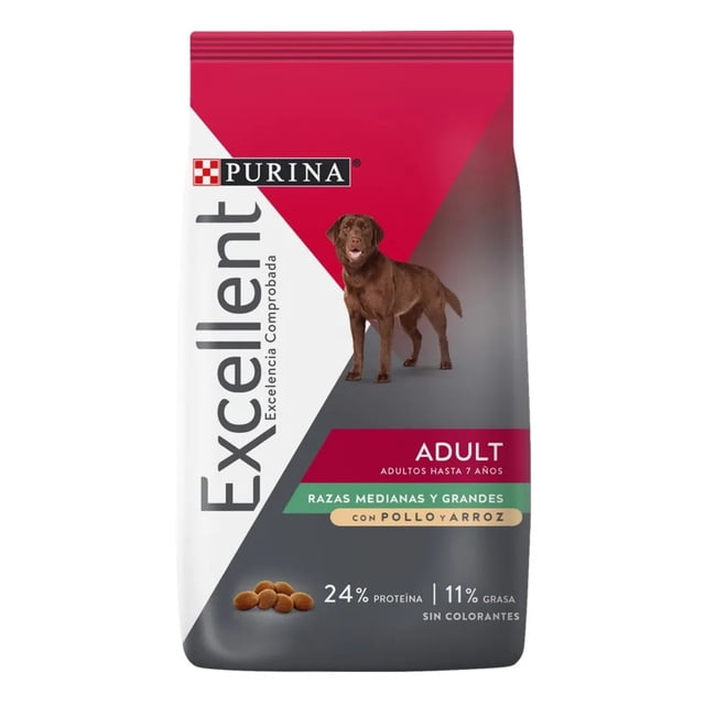 alimento para perro excellent adulto todas las razas pollo y arroz 1.5 kg Bolsa frontal, vista centrada y frontal; bolsa gris, blanca y roja con logotipo Purina y nombre Excellent, foto de un perro adulto marrón sobre fondo gris, rótulo "ADULT" y "razas medianas y grandes", ilustración de croquetas y texto visible 24% proteína y 11% grasa; destaca nutrición balanceada y salud digestiva según especificaciones.