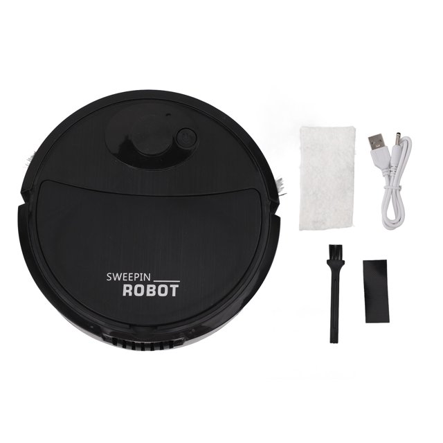 robot aspirador robot barredor robot aspirador trapeador combo robot trapeador aspirador robot aspirador balck robot Anggrek, vista cenital de un robot aspirador circular negro con texto 'SWEEPIN ROBOT' en la tapa; se ven cepillos laterales y a la derecha accesorios: cable USB, almohadilla para trapeador, cepillo de limpieza y tira de velcro. Material ABS, batería de litio integrada 400 mAh, tamaño 18x18x5.4 cm. 3 en 1 para barrer, aspirar y trapear pisos duros; también adecuado como limpiador auxiliar en espacios bajos.