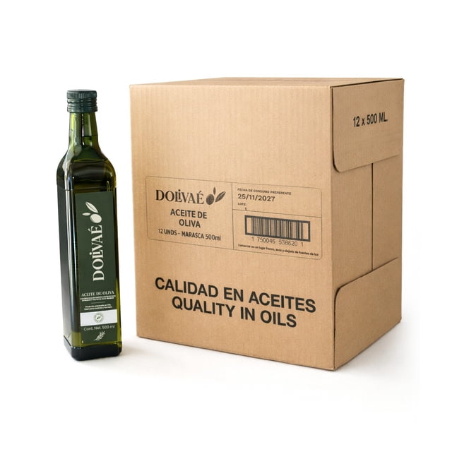 caja de aceite de oliva para cocinar. suave, gourmet, 500 ml, dolivaé – 12 botellas. envasado en españa caja de cartón marrón con impresión DOLIVAÉ y texto 'CALIDAD EN ACEITES' junto a botella verde de 500 ml con etiqueta blanca DOLIVAÉ; vista frontal, embalaje al por mayor, adecuada para freír, hornear y uso diario, también se usa a menudo para reposición de despensa.