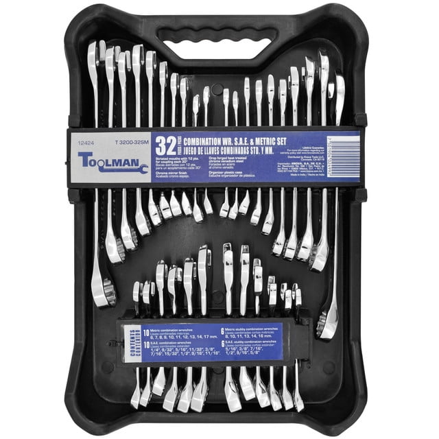jgo. con 32 llaves combinadas std y mm toolman llaves combinadas estándar y milimetricas estuche plástico gris con 32 llaves combinadas métricas y estándar organizadas por tamaño, bocas estriadas de 12 puntos (acoplamiento cada 30°), incluye llaves cortas métricas y etiquetas azules visibles.