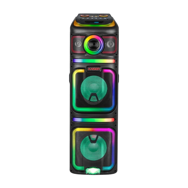bocina bluetooth kaiser kds-1204a 2 x 12 pulg luz led 70 000 wpmpo torre negra multicolor con dos woofers de 12" y tweeters, pantalla LED y botones en la parte superior, tiras de luces LED alrededor de cada driver, asas laterales y ruedas. Bluetooth 5.3 (alcance hasta 10 m), ecualizador 6 modos, prioridad de micrófono, puerto USB y controles de bajos, agudos y eco; también suele usarse para animar eventos y fiestas.