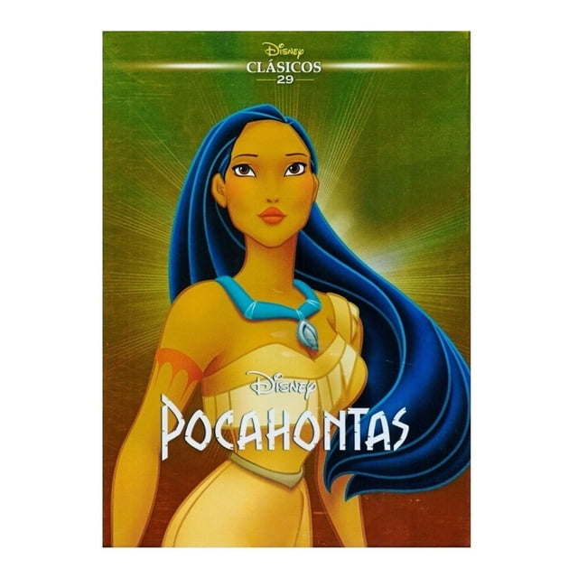pelicula dvd pocahontas disney pixar clasicos 29 DVD infantil con portada frontal centrada de Pocahontas sobre fondo dorado verdoso, personaje de frente con cabello largo azul oscuro y vestido beige, título "Pocahontas" en la parte inferior; audio y subtítulos en inglés y español, duración aprox. 78 min, Región 1 y 4.