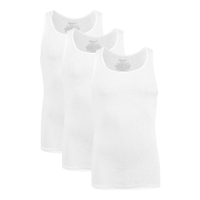camiseta hanes red label para hombre, 3 piezas blanco talla g pack de 3 camisetas tipo playera sin mangas, vista frontal centrada con etiquetas impresas en el cuello, corte fit que se ajusta al torso, tejido acanalado blanco y textura suave sobre fondo blanco; suele usarse como capa base para uso diario.