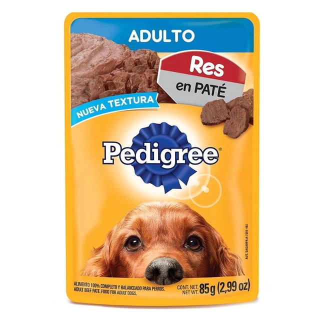 alimento para perro pedigree adulto res en paté 85 g empaque frontal amarillo con logo Pedigree; vista centrada mostrando trozos de paté en la parte superior, etiqueta roja "Res en PATÉ", banda azul "ADULTO" y foto del hocico de un perro adulto en la parte inferior; destaca textura suave y peso 85 g.