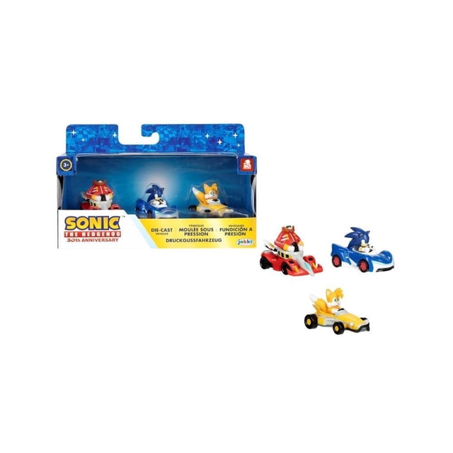 vehículos sonic con figura 1:64 die cast 3pack multicolor — paquete con tres coches escala 1:64: coche azul con figura de Sonic, coche amarillo con figura de Tails y coche rojo con figura de Eggman; caja de exhibición frontal y dos coches fuera del empaque, acabado die-cast brillante, ideal para coleccionar y recrear carreras y para displays de coleccionistas.