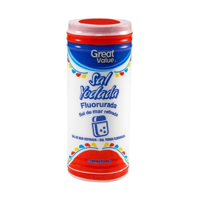 sal yodada great value fluorurada en bote 1 kg envase cilíndrico frontal con tapa roja y etiqueta blanca y azul con logo Great Value; texto visible 'Sal Yodada Fluorurada Sal de mar refinada'. Indicado para sazonar y guisar.