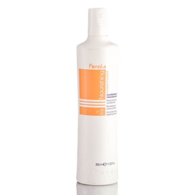 acondicionador fanola nourishing restructuring 350 ml botella blanca cilíndrica, vista frontal centrada con etiqueta naranja vertical que muestra 'Nourishing Conditioner', marca Fanola y volumen 350 ml (11.83 oz); a menudo usado para suavizar mechones al preparar peinados temporales.