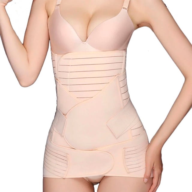faja post parto cirugia cesarea postnatal suave ligera y transpirable ecobaby original liso beige, vista frontal centrada; faja 3 en 1 de cintura alta que cubre vientre, pelvis y lumbar con paneles elásticos (80% poliamida, 20% elastano), cierres de velcro anchos para ajuste y tiras ventiladas horizontales, capas superpuestas para compresión modular; suele usarse también para soporte postoperatorio en recuperación.