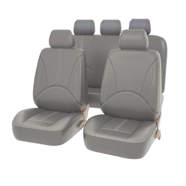 fundas de cuero pu sunnimix protector universal antideslizantes duraderas 9 piezas gris, vista 3/4 centrada con dos fundas de asiento delanteras, respaldo trasero y cinco fundas de reposacabezas; cuero PU texturizado gris con costuras visibles, paneles acolchados y orificios para anclajes, ajuste universal para autos y SUVs, fondo neutro de estudio; aptas para renovar el interior del vehículo.
