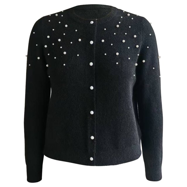Suéter George para Mujer, con Perlas, Cuello Redondo Negro Talla M