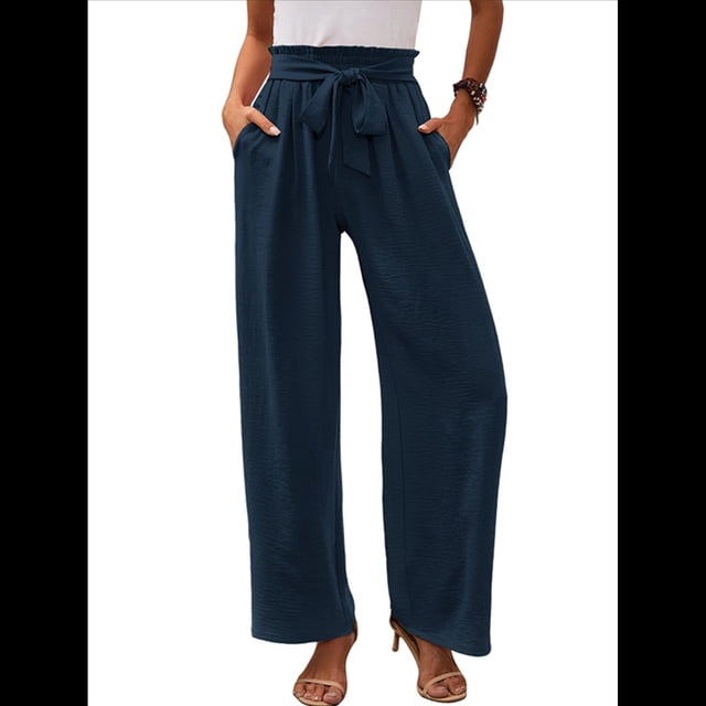 Pantalones de Salón Anchos para Mujer con Bolsillos, Cintura Alta, Ajustables, con Nudo y Holgados. Azul Marino XXXL