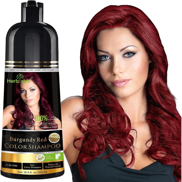 Herbishh Champú tinte capilar para canas - Champú de Tinte Libre de Amoníaco - 500ml (Rojo Borgoña)