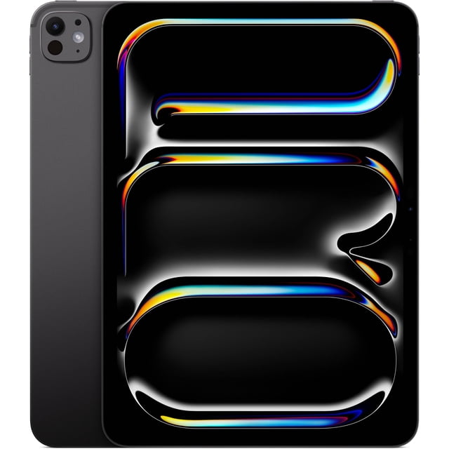 apple ipad pro de 11 pulgadas (chip m5) — wi-fi, 512 gb, pantalla oled (negro espacial) vista frontal centrada con pantalla Ultra Retina XDR Tandem OLED activa mostrando negros profundos y reflejos coloridos; se aprecia la parte trasera en negro espacial con cámara dual y sensor LiDAR; especificaciones visibles: chip M5, 512GB y 12GB de RAM; apto también como pantalla portátil para dibujo y edición creativa.