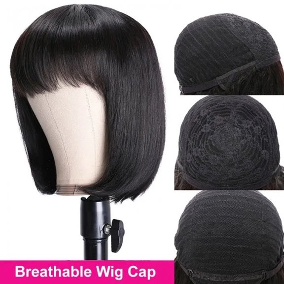 Peluca de Bob corto negra de 12 pulgadas, pelucas de cabello humano con flequillo, pelucas sin encaje frontal, peluca Bob hecha a máquina, pelucas de uso diario para fiesta y Cosplay