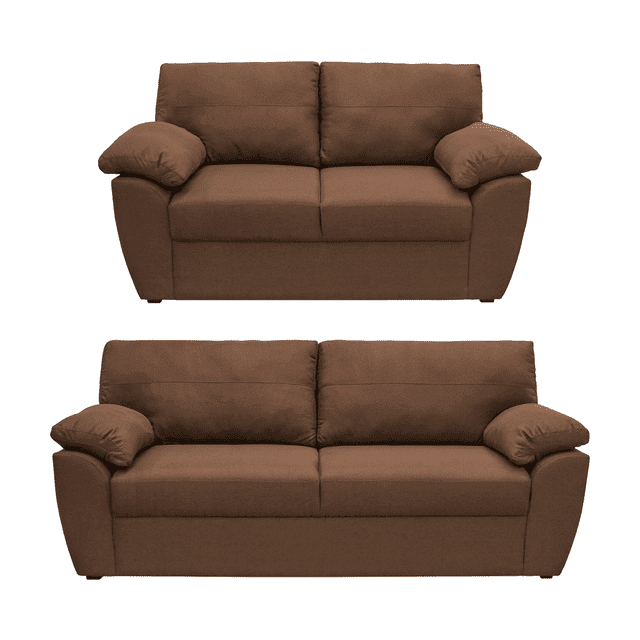 sala 3,2 sefora, atlas del descanso color café sofá 2 piezas de tela suave y duradera color café, vista frontal centrada; sofá de 2 plazas con respaldo dividido en dos cojines, asiento de dos cojines con base continua y brazos anchos con almohadas integradas que ofrecen comodidad y apoyo, tapizado liso y silueta acolchada sobre fondo blanco; también suele usarse para recibir visitas y relajarse.
