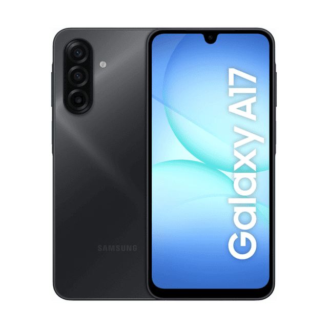 smartphone samsung galaxy a17 dual 128gb 4ram negro vista centrada frontal y trasera con pantalla 6.6" HD+ mostrando fondo 'Galaxy A17', carcasa negra mate y módulo trasero de cuatro cámaras (50MP+5MP+2MP+2MP). Especificado: Octa‑Core, 4GB RAM, 128GB, cámara frontal 13MP, batería 5,000 mAh, sensor de huella lateral y desbloqueo facial; ideal para streaming y videollamadas.