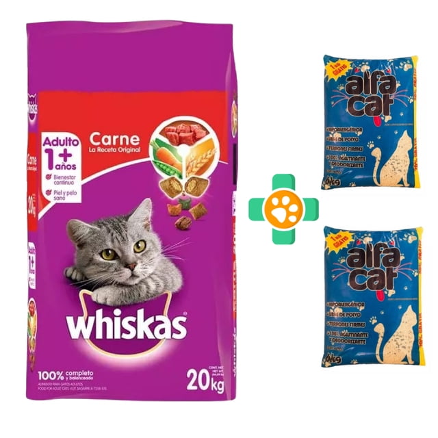 alimento para gato whiskas orignal sabor carne de 20 kg + arena alfa cat de 12 kg Bolsa Whiskas 20 kg color morado con imagen de gato adulto y dibujo de croquetas, junto a dos bolsas Alfa Cat 12 kg color azul; incluye alimento balanceado y arena aglutinante y desodorizante según la etiqueta del producto, adecuada para mantenimiento de peso y control de olores.
