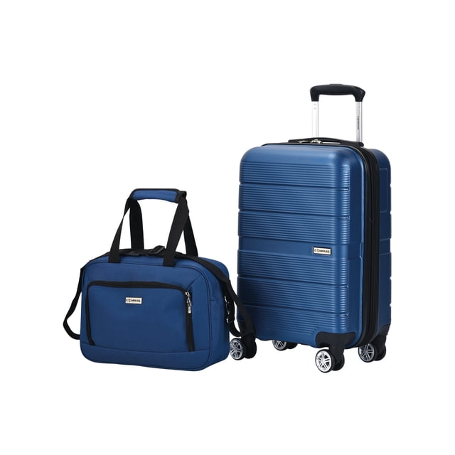 maleta de mano de 20 pulgadas rigida expandible con neceser impermeable carry on maleta rígida azul Compass Chicago 20 pulgadas con neceser 15 pulgadas; vista 3/4 frontal que muestra carcasa estriada en ABS y poliéster 600D, sistema expandible, trolley ajustable plateado, 8 ruedas multidireccionales 360°, candado TSA de 3 dígitos visible y neceser exterior de poliéster con asas y bolsillo frontal. También suele usarse como bolsa organizadora para electrónicos en viajes cortos.