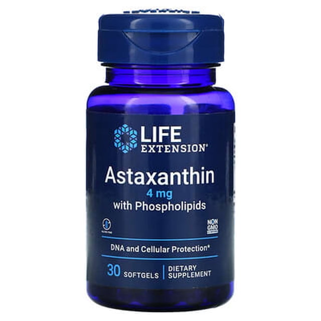 life extension | astaxantina con fosfolípidos, 4 mg, 30 cápsulas. suplemento alimenticio. Frontal del frasco azul translúcido con etiqueta azul oscuro y tapa a presión que muestra el logotipo Life Extension, la leyenda 'Astaxanthin 4 mg with Phospholipids' y el marcador '30 softgels'. Fondo blanco; a menudo usado como apoyo para salud cognitiva y respuesta inflamatoria saludable y adecuado para kits de suplementos en viajes.