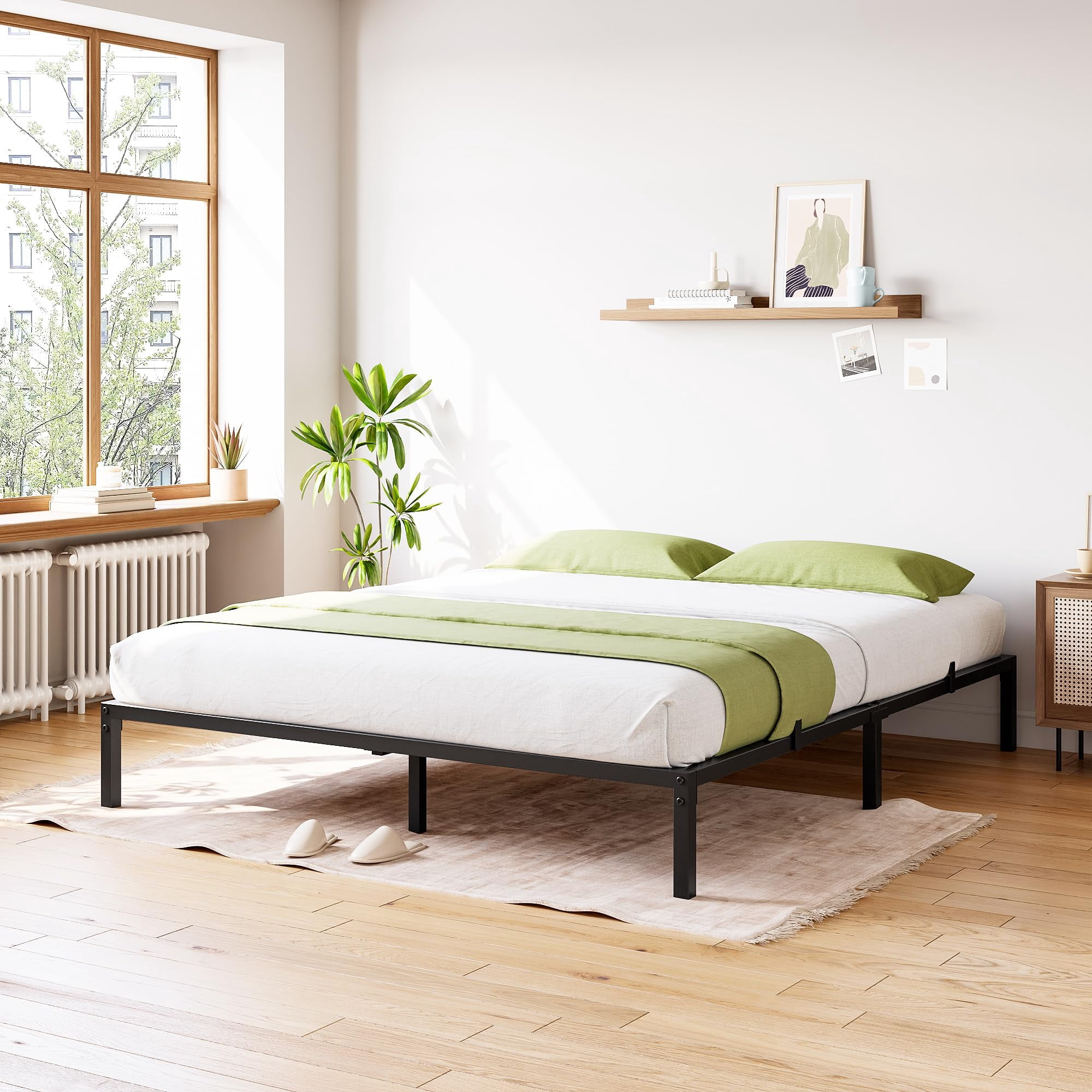 Cama Queen Metálica Resistente – 8 Pulgadas, Plataforma con Lamas Acero, Sin Base, Montaje Fácil, Silenciosa, Gran Carga, Almacenaje Bajo Cama, Negro – 8INCH QUEEN