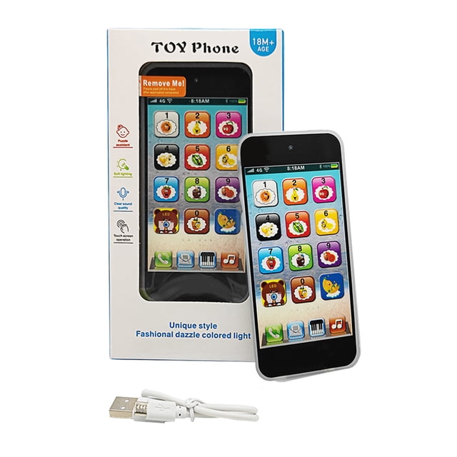 juguete para teléfono celular nikoumx juguete recargable para niños confiable y duradero — teléfono de juguete transparente tipo smartphone, vista frontal centrada con pantalla de iconos numerados y personajes, carcasa ABS de 12.5×6×0.8 cm (aprox.), cable de carga USB incluido en primer plano; botones táctiles, luces y controles de música/voz según especificación, a menudo usado para practicar agarre y coordinación ojo-mano.