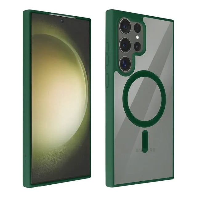 mr. gadgets funda carcasa clear case color verde para samsung galaxy s26 ultra compatible con magsafe Funda transparente con marco verde en vista frontal y posterior; recorte para cámara cuádruple, anillo magnético MagSafe visible en el respaldo, botones cubiertos y borde delgado para uso cómodo. Ideal para protección diaria y uso en viaje.