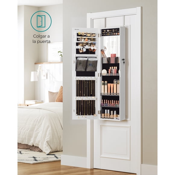 SONGMICS Armario de Joyas con Cerradura, Organizador Montado en la Pared con Espejo sin Marco de Longitud Completa, con Espejo pPequeño Incorporado, Estantes, Idea de Regalo, Blanco