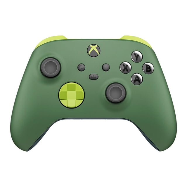 control inalámbrico xbox one series microsoft x/s edición especial remix verde, vista frontal centrada con dos joysticks asimétricos, cruceta circular texturizada en verde lima, botones A B X Y en gris, botón para compartir y botones de menú visibles, acabado mate con líneas en espiral y texturas únicas; incluye batería recargable y cable USB-C, también adecuado para jugar en PC y dispositivos móviles.
