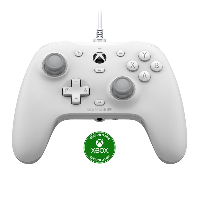 control joystick gamesir g7 he mando con licencia oficial para xbox series x|s xbox one windows 10|11 pc blanco frontal, mando con cable GameSir G7 HE en blanco que muestra palancas Hall Effect duales, botones ABXY con microswitch, cruceta direccional, botón guía Xbox central, cable superior, puerto de auriculares 3.5 mm y botón de silencio, agarres de silicona texturizados en las empuñaduras; a menudo usado también para jugar en PC y Steam.
