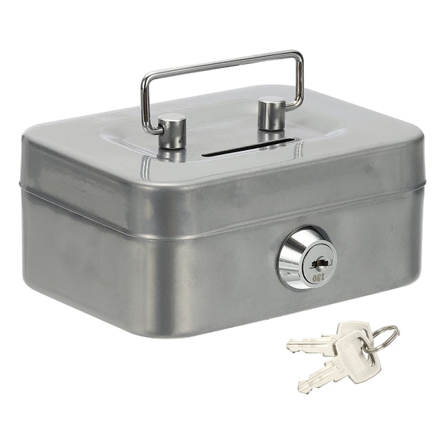 caja de dinero pequeña, caja fuerte mini, caja de ahorro de dinero con llaves para efectivo, relojes, joyas y objetos personales, gris — Caja metálica gris de 11.5 x 5.8 x 8.5 cm con ranura superior para billetes, asa plegable en la tapa y cerradura de cilindro frontal; incluye llaves al frente; apta para guardar efectivo, relojes y joyas en oficina o comercio.