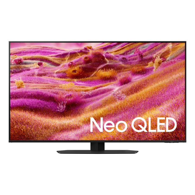 pantalla 43'' samsung neo qled 4k qn90f vision ai smart tv (2025) televisor negro de 43'' con marco delgado y soporte central, vista frontal mostrando imagen 4K colorida y texto 'Neo QLED'; incluye Procesador NQ4 AI Gen3, Neo QLED con Mini LED, modo AI para optimizar imagen y sonido y tecnología Glare Free según especificaciones.
