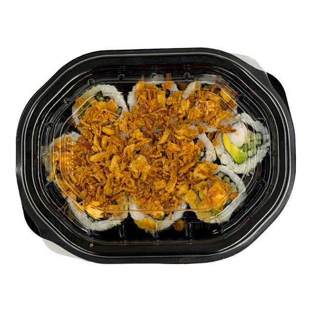 camarón crunch happy tokyo por pieza — envase con ocho rollos sushi crujiente; arroz avinagrado y alga nori envuelven camarón cocido, aguacate y pepino, cubiertos con mayonesa spicy, salsa anguila y cebolla frita crujiente. Ideal para llevar como comida lista para consumo.