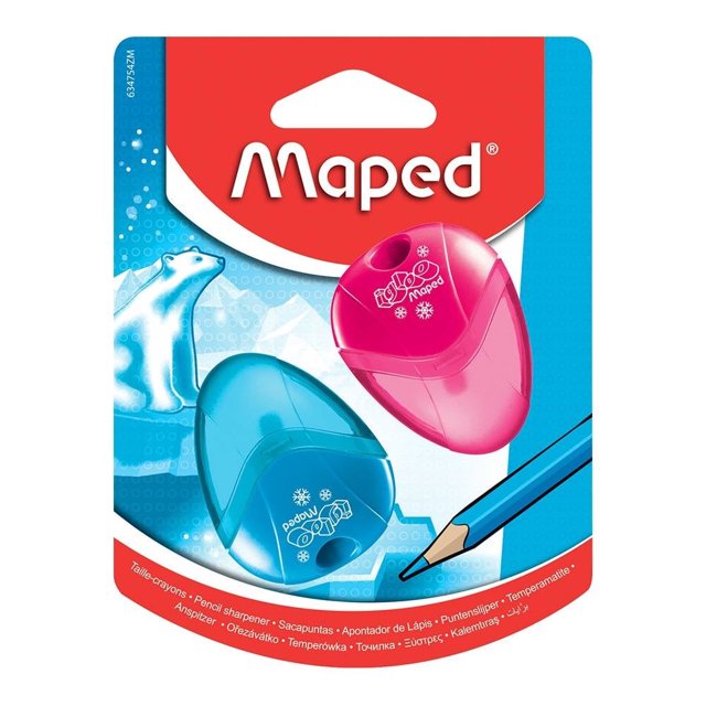 sacapuntas maped igloo 2 pzas Paquete con dos sacapuntas Maped Igloo surtidos (rosa y azul) en vista frontal; carcasa plástica translúcida con depósito para virutas y tapa extraíble, empaque con logo Maped y diseño polar, para uso escolar y de oficina, también adecuado para llevar en estuche.