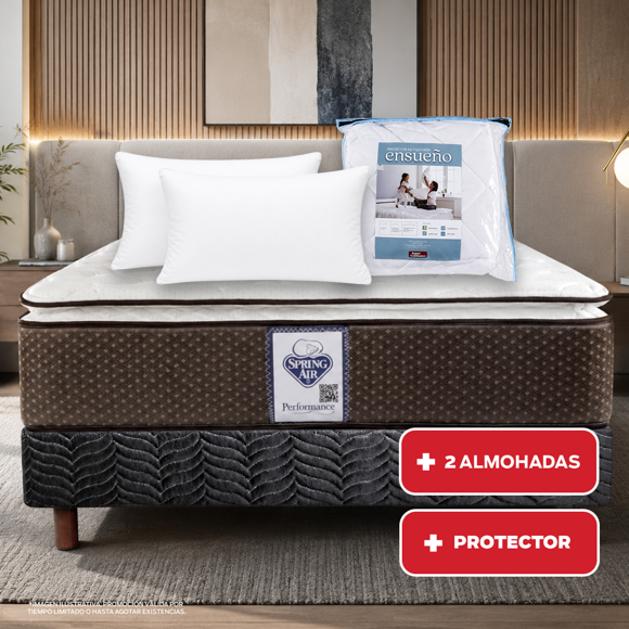 Colchón + Box Spring Air Queen Size Super Value + 2 Almohadas SC + Protector