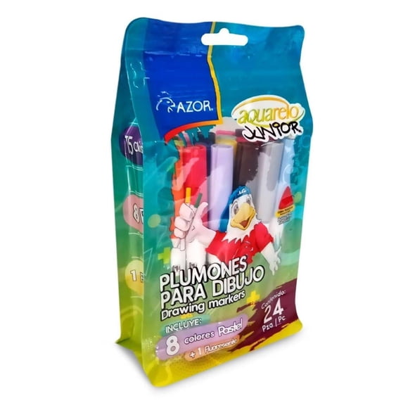 Marcador Azor Aquarelo JR Colores Surtidos, 24 Piezas, Punta de Bala 1mm