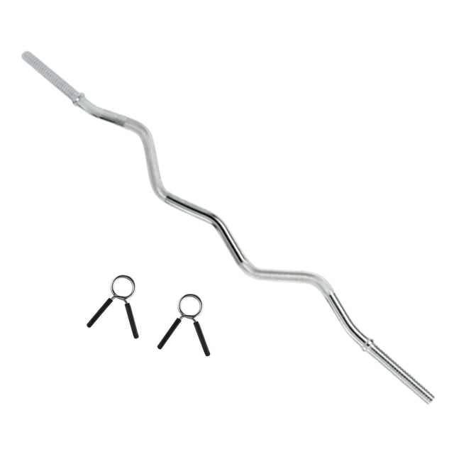 barra z curva bywell 25mm con seguros gym 120cm Barra Z curva Bywell de 25 mm y 120 cm, vista centrada en 3/4 con extremos con rosca; acero cromado, moleteado en las zonas de agarre, doble quiebre en S para agarre neutro, incluye dos seguros de resorte con asas negras. ideal para curls de bíceps y antebrazo en gimnasio en casa; suele usarse también en rutinas de aislamiento en espacios compactos.