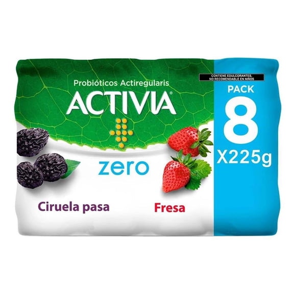 Alimento lácteo fermentado Activia ciruela pasa y fresa sin azúcar 8 pzas de 225 g c/u