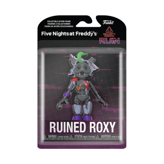figura de acción funko five nights at freddy's ruin roxy multicolor, vista frontal centrada de la figura de vinilo Ruined Roxy de aproximadamente 5 pulgadas con apariencia dañada; cabeza de animatrónico con orejas y mechón verde, torso gris con marcas rojas y naranja, brazos articulados con piezas moradas y verdes, piernas moradas; empaquetada en blister con fondo oscuro y el texto RUINED ROXY en la base. Adecuada para exhibición en estanterías o dioramas de colección.