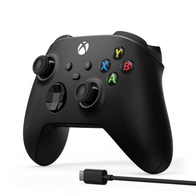 control inalámbrico xbox one series microsoft x/s pc negro más cable usb tipo c Vista 3/4 frontal del control negro Xbox One Series con botones A/B/X/Y coloreados, dos joysticks asimétricos y pad direccional híbrido; empuñaduras texturizadas en la carcasa trasera, gatillos y hombros con textura y retroalimentación por vibración; cable USB‑C en primer plano y entrada de audio 3.5 mm. Compatible con la app Accesorios de Xbox para reasignar botones y crear perfiles, ideal para uso con PC y consolas X/S.