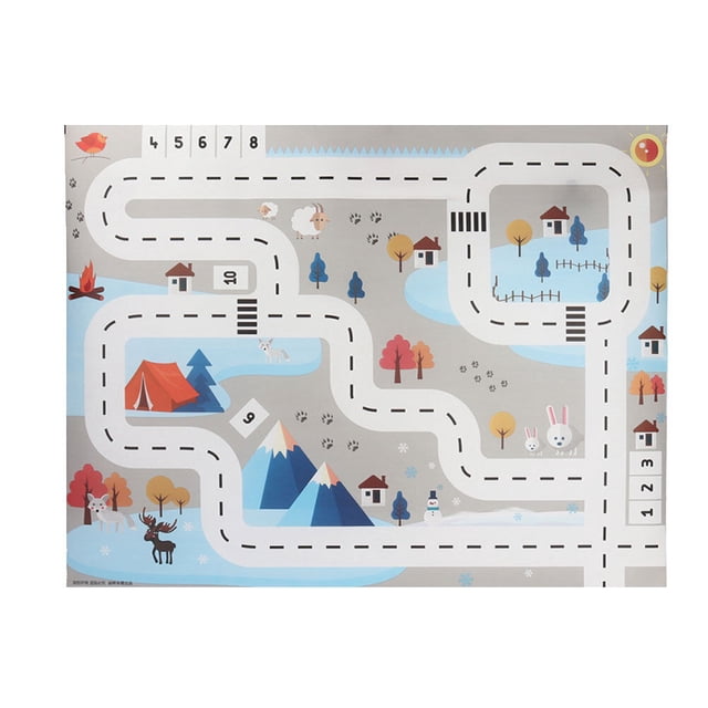 tapete de juego de transporte creativo tapete de juego divertido tapete de suelo de tráfico vial tapete de rompecabezas juguete para gatear tapete de juego para el hogar bebés niños y bebés, vista cenital de tapete rectangular celeste de aprox.130 x 100 cm con carretera punteada que forma bucles y cruces peatonales, paneles numerados y pequeñas ilustraciones de casas, árboles, montañas, tienda de campaña y animales sobre superficie acolchada de tela; diseño de empalme plegable, apto como pista de autos, almohadilla de juego y herramienta de educación vial temprana.