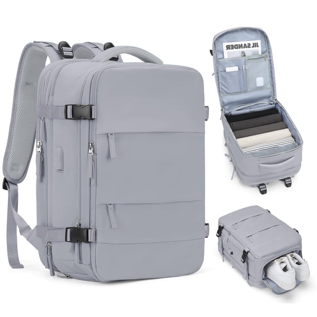 mochila coofay ampliable para viajar en avión aprobada para aviones multicolor — vista 3/4 frontal de mochila expandible gris claro con apertura 180°; compartimento para laptop 15.6", bolsillo frontal con cremallera, puerto USB lateral, bolsillo trasero antirrobo y compartimento inferior separado para zapatos con tenis; adecuada para viajes de fin de semana y uso diario; a menudo usada también como bolsa de mano para gimnasio.