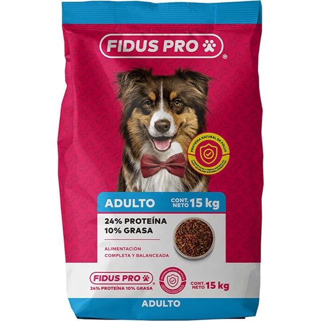 alimento seco para perro adulto fidus pro 25 kg paquete frontal rojo y azul con logo Fidus Pro arriba, retrato centrado de un perro adulto con moño rojo, rótulo azul 'Adulto', texto visible '24% proteína 10% grasa' y plato con croquetas; etiqueta indica 'ideal para perros que viven una vida dinámica y activa'.