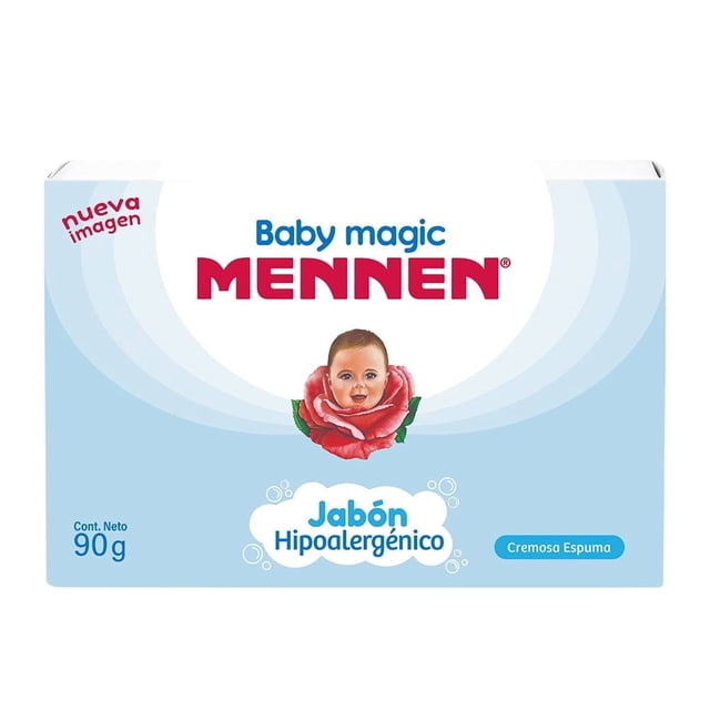 jabón en barra para bebé mennen baby magic cremosa espuma hipoalergénico 90 g — caja frontal azul claro con logo MENNEN y texto Baby magic, ilustración de rosa con medallón, leyenda "Jabón Hipoalergénico" y distintivo "Cremosa Espuma", neto 90 g; jabón corporal e higiene personal.
