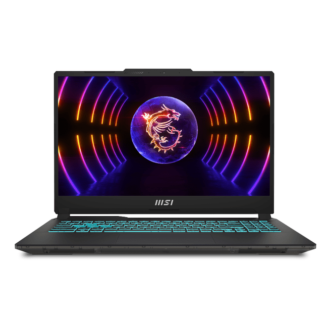 laptop gamer msi cyborg 15 a12ucx 15.6” fhd 144hz intel core i5-12450h nvidia rtx 2050 4gb 8gb ddr5 ram 512gb vista frontal centrada de la laptop abierta; pantalla 15.6" Full HD IPS a 144Hz con gráfico circular luminoso, chasis translúcido negro, teclado retroiluminado azul, logo MSI en el marco inferior y bisagra baja. Equipo portátil diseñado para gaming competitivo y creación de contenido; también es adecuada como estación portátil para edición y streaming.