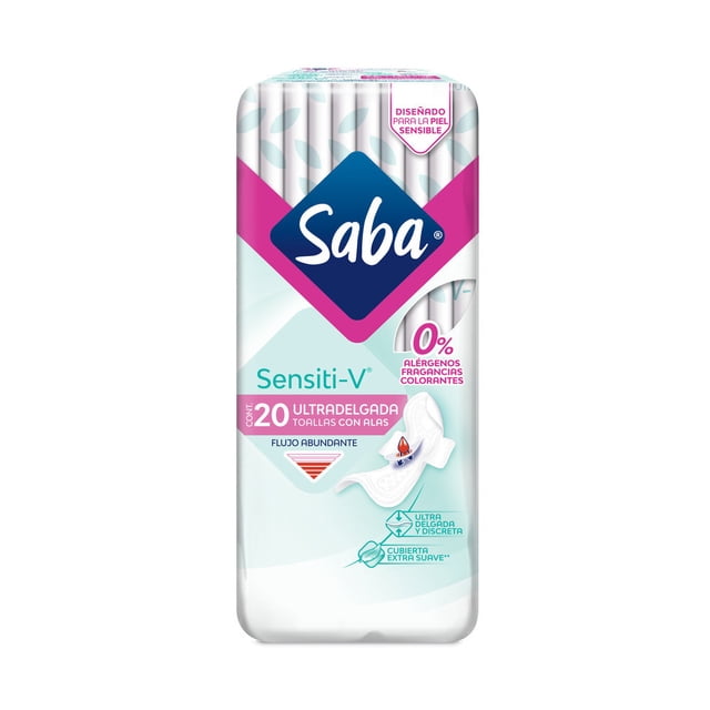 Toallas femeninas Saba Sensiti-V ultradelgada con alas flujo abundante 20 pzas