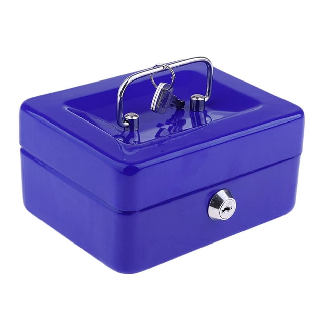 estuche de almacenamiento seguro para dinero caja de seguridad con para caja de dinero para - 15 x 12 x 8 cm azul cuticat cash money case Caja de dinero azul CUTICAT, vista frontal 3/4, metal con acabado ligero y robusto; cerradura circular en el frente y asa cromada con llave en la tapa; dimensiones aproximadas 15 x 12 x 8 cm; para uso en oficina y punto de venta, y también suele usarse para guardar billetes y monedas en viajes cortos.