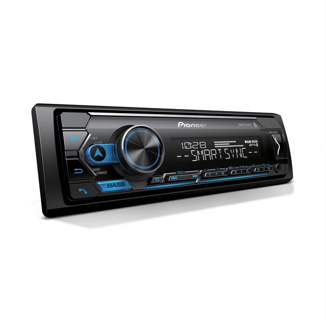 estéreo de coche pioneer mvh-s322bt bluetooth con entradas usb/aux, vista frontal en ángulo; unidad DIN simple negra con pantalla LCD que muestra "SMART SYNC", gran mando de volumen circular con anillo azul y botones retroiluminados azules para bass, teléfono y pistas; puerto USB y entrada auxiliar en el panel, logotipo Pioneer visible, dimensiones 3.88 x 7 x 2 pulgadas; también suele usarse para reproducir audio desde unidades USB durante viajes.