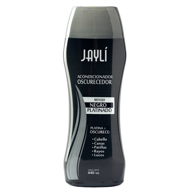 acondicionador oscurecedor negro 440ml productos jaylí s.a. de c.v. Frontal de botella curva de 440 ml con etiqueta negra y tapa gris que indica "Acondicionador Oscurecedor" y "Reflejo Negro Platinado"; envase plástico vertical muestra lista de aplicaciones visibles (cabello, canas, patillas, rayos, luces).